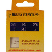 A PACK OF 5 BARBLESS HOOKS TO NYLON WITH PASTE COIL 5LB BREAKING STRAIN (SIZE 10)